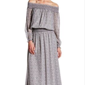 Rebecca Minkoff Cara Maxi Floral Dress Chiffon Off the Shoulders Boho Gray XXS